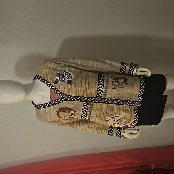 VTG STORYBOOK KNITS 1980s African Tribal Animal Print Marled Cardigan Sweater - Picture 3 of 16